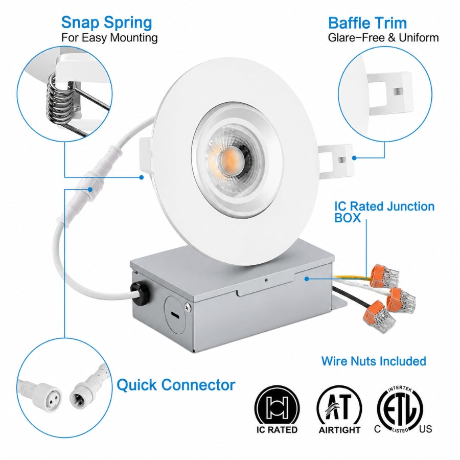 3-inch IC-rated airtight recessed light with quick connector, baffle trim, ETL certification, and included junction box.
