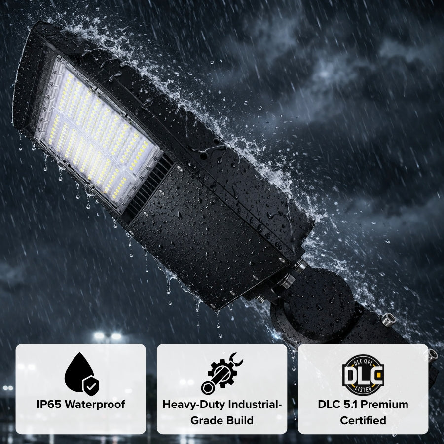 Bronze LED parking lot light with IP65 waterproof rating operating in heavy rain.