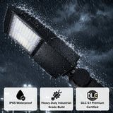 Bronze LED parking lot light with IP65 waterproof rating operating in heavy rain.