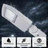 IP65 waterproof LED parking lot light performing in heavy rain conditions.
