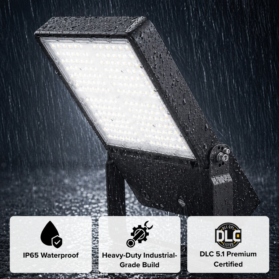 Rugged LED flood light with IP65 waterproof rating, built for all-weather durability with heavy-duty construction and DLC 5.1 Premium certification.