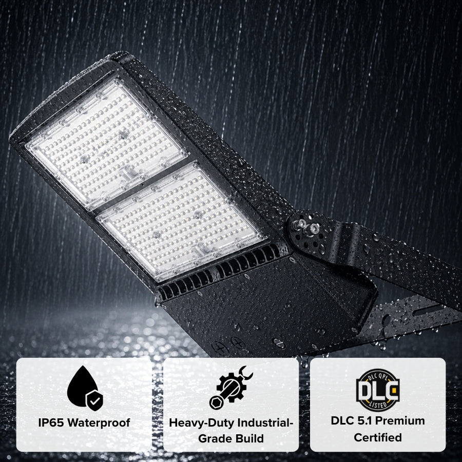 IP65 waterproof 300W LED flood light performing in heavy rain, durable industrial-grade build ideal for outdoor use