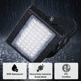 Heavy-duty industrial LED flood light with IP65 waterproof rating, designed for reliable performance in harsh weather conditions with ETL certification for safety.