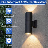 Outdoor wall light fixture on a textured wall with rain simulation, featuring waterproof and weather-resistant indicators.