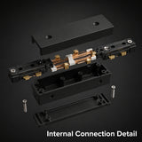 Exploded view of a black inline track lighting power feed connector displaying copper conductors, electrical contacts, durable housing, and precision-engineered internal components for reliable performance.