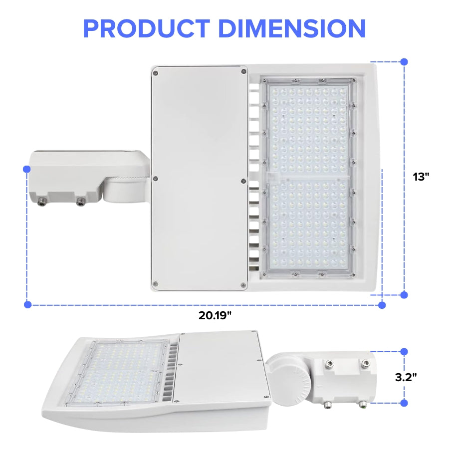 Dimensions of LED parking lot light showing 20.19-inch length and 13-inch height.