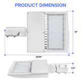 Dimensions of LED parking lot light showing 20.19-inch length and 13-inch height.