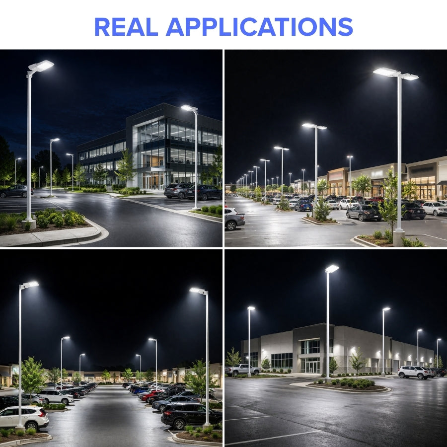 LED parking lot lights installed in commercial parking areas and outdoor spaces at night.