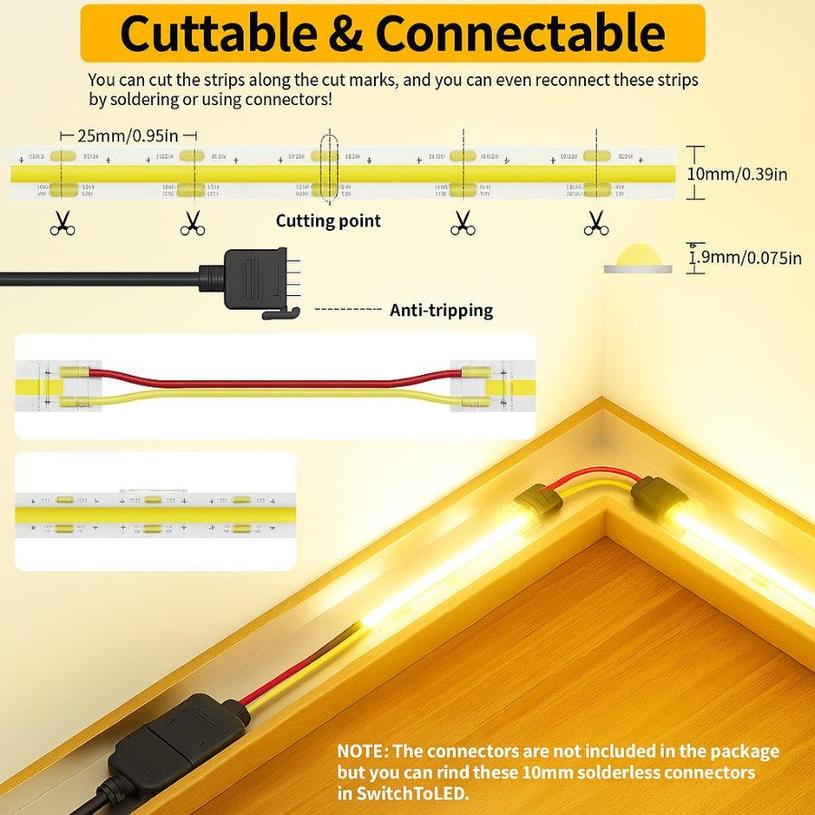 LED Cob strip Lights cuttable and connected at switchtoled