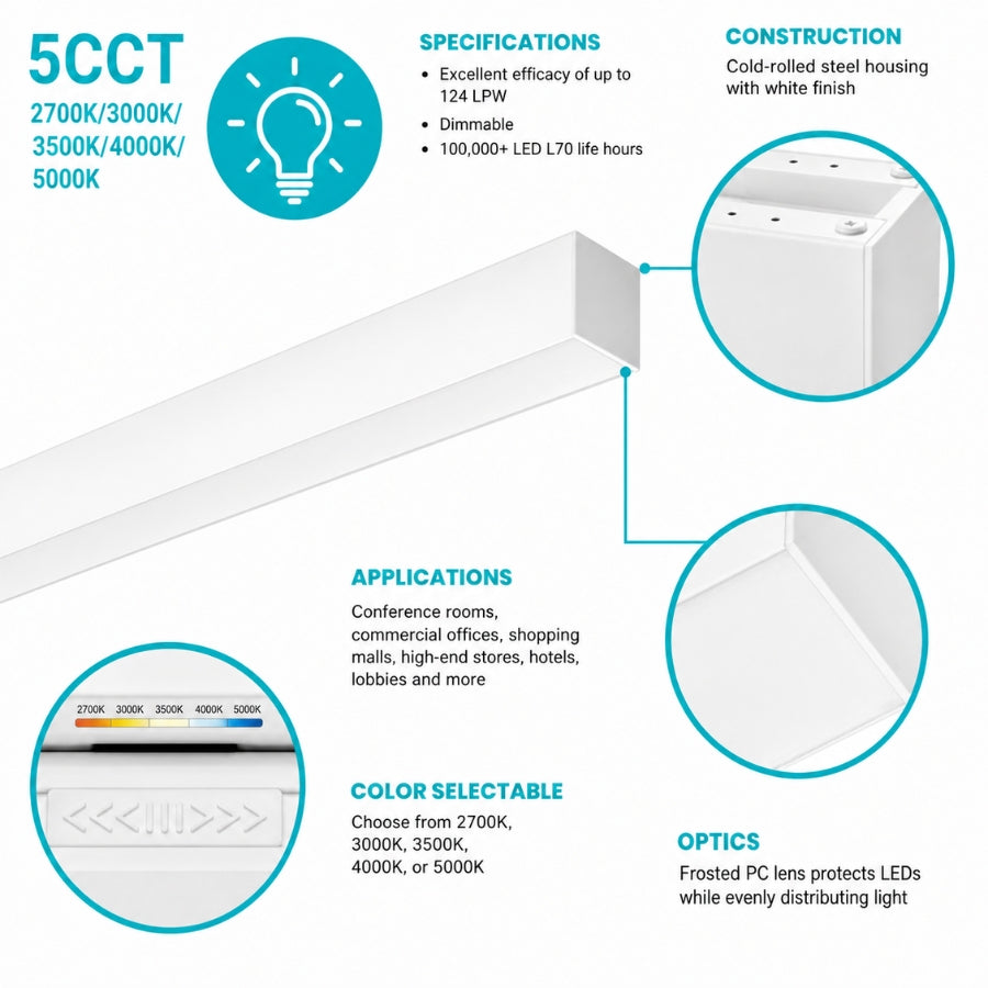 Close-up of LED linear light highlighting durable steel housing, selectable color switch, and frosted lens for even lighting.