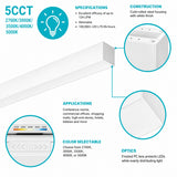Close-up of LED linear light highlighting durable steel housing, selectable color switch, and frosted lens for even lighting.