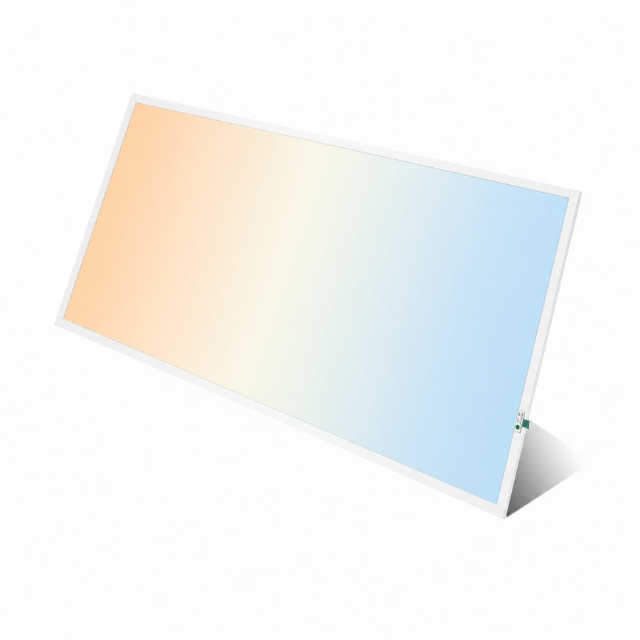 One 2x4 LED panel light presented in a clean angled view, emphasizing slim construction, uniform brightness, and easy installation for drop ceilings.