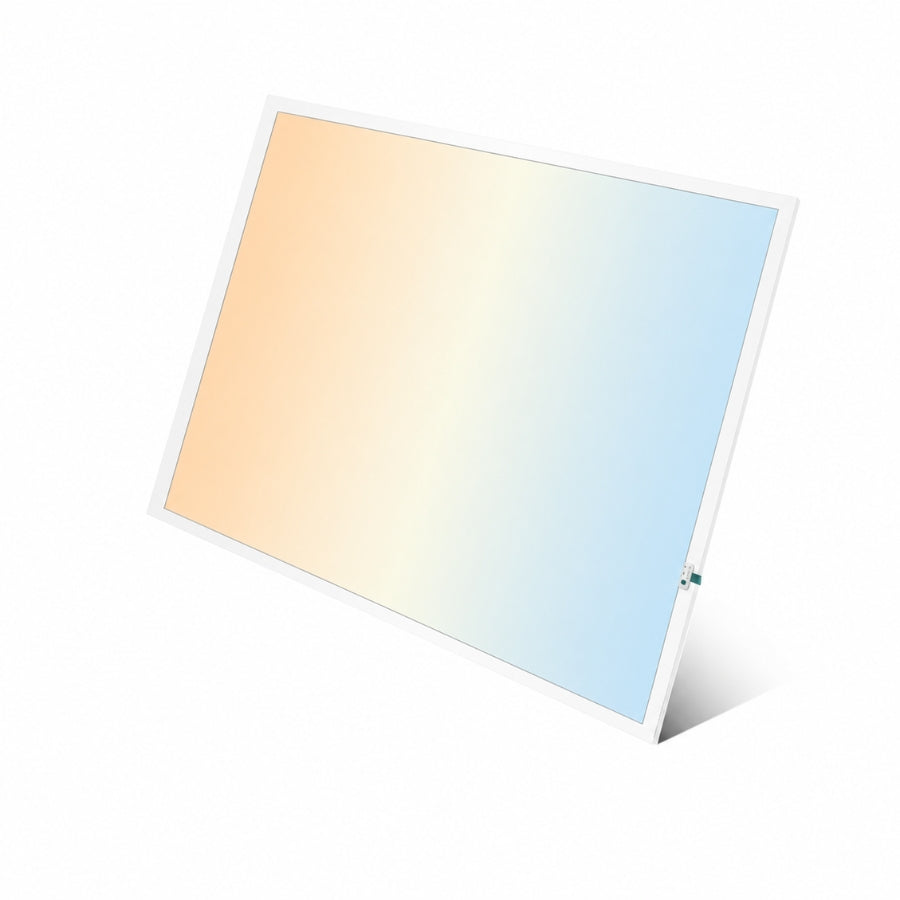 Single 2x2 LED flat panel light shown at an angle, featuring a slim profile and smooth diffused light surface suitable for office and commercial ceiling lighting.