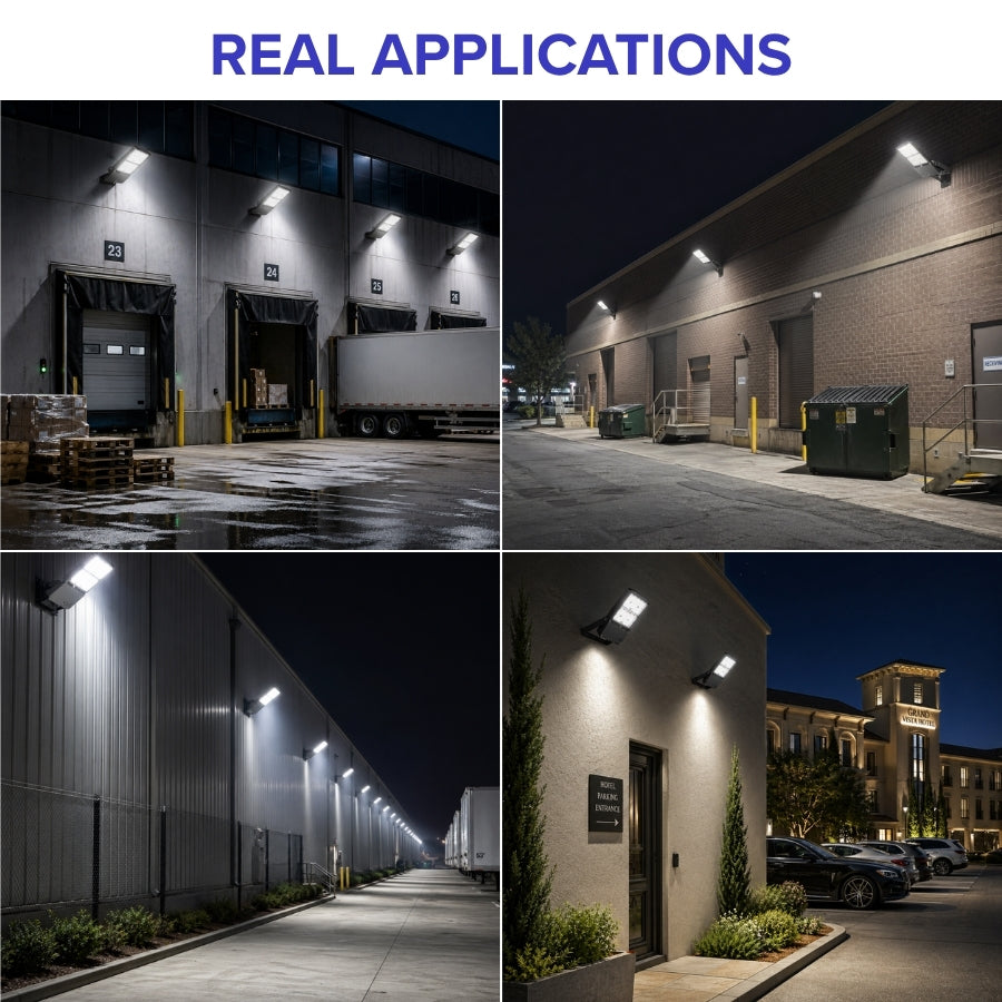 Real-world applications of 300W LED flood lights illuminating parking lots, warehouses, and building exteriors.