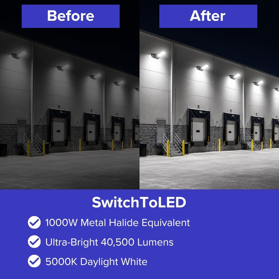 Before and after installation of 300W LED flood light showing brighter illumination for warehouses and loading docks