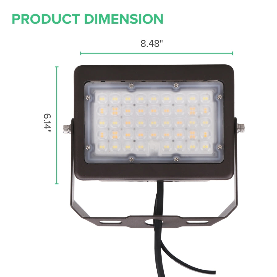 Compact LED flood light measuring 8.48 inches wide and 6.14 inches high, designed for easy installation in tight outdoor or commercial spaces.