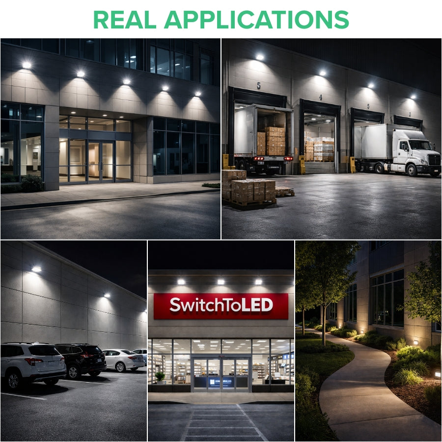 Versatile LED flood light used for building exteriors, parking lots, warehouses, storefronts, and landscape lighting with consistent bright output.