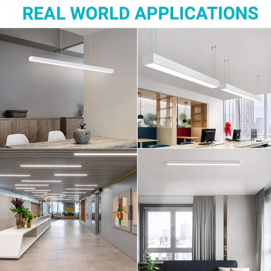 Installed LED linear fixtures illuminating office, hallway, and commercial interiors with clean modern lighting.