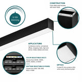 Commercial LED linear fixture showing steel housing, 5CCT selectable color temperature, and wattage adjustment switches.