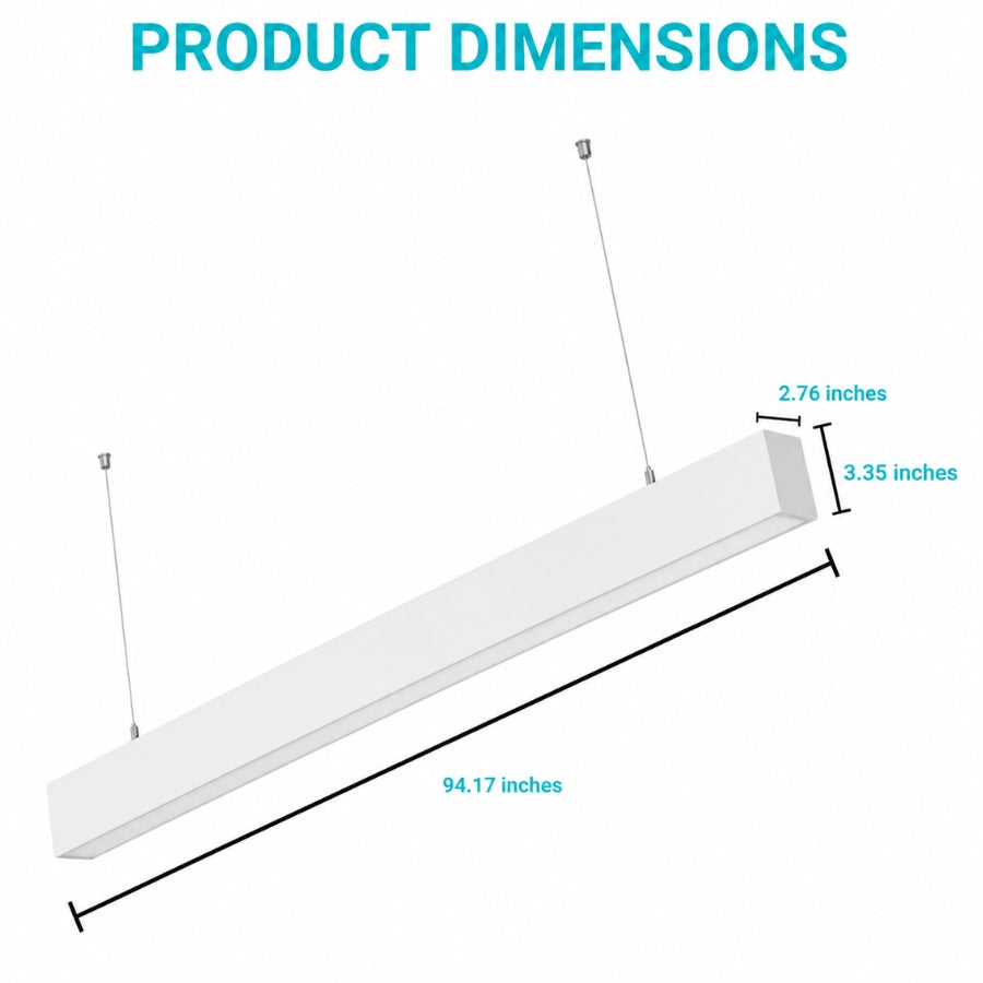 Detailed size diagram of 8ft LED linear fixture with measurements for length, width, and height.