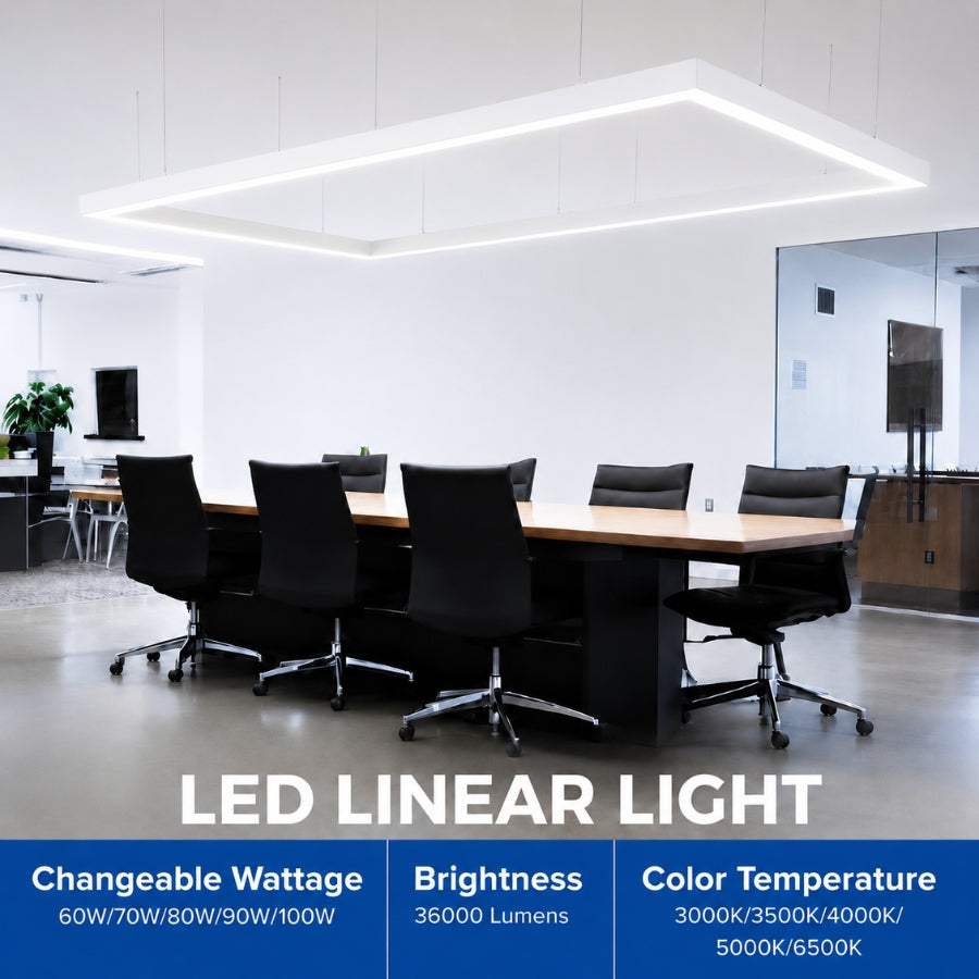 White LED linear light with selectable wattage, 36,000 lumens brightness, and 5CCT color temperatures.