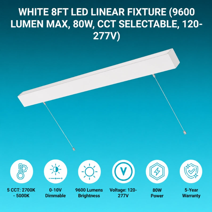 8ft LED linear fixture displaying key specs like 9600 lumens, 80W power, dimmable function, and wide voltage range.