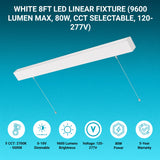 8ft LED linear fixture displaying key specs like 9600 lumens, 80W power, dimmable function, and wide voltage range.