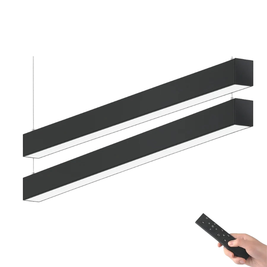 Modern black pendant light fixture with remote control on a white background at switchtoled.
