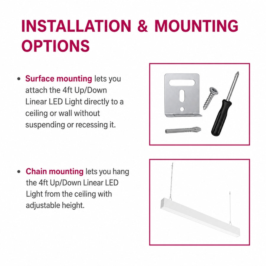 4ft LED linear light installation methods including surface mounting and suspended chain mounting options.