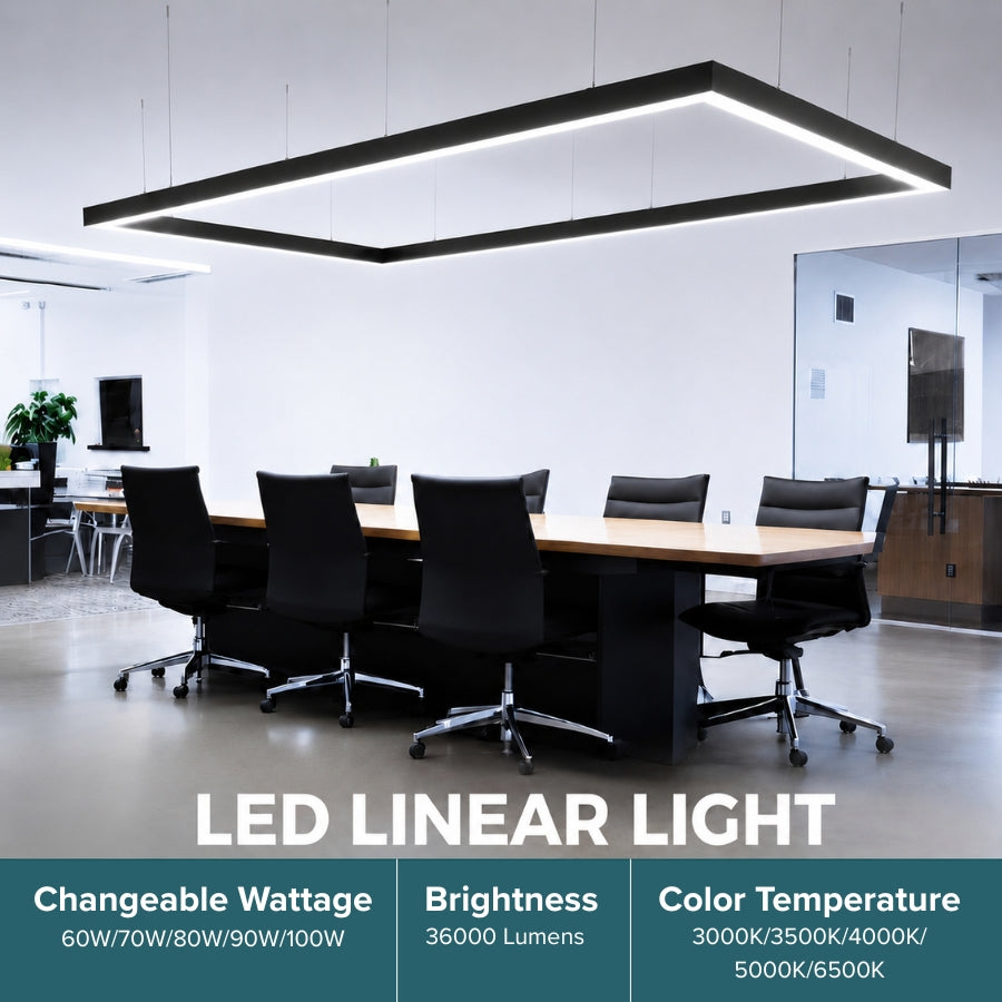 LED linear light displaying selectable wattages 60W-100W, 36,000 lumens brightness, and 3000K-6500K color temperatures.