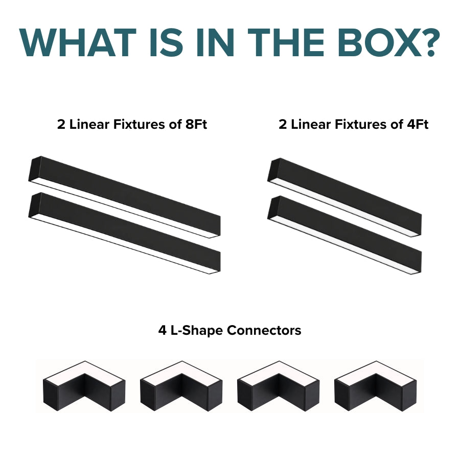 Package contents showing two 8FT fixtures, two 4FT fixtures, four L-shape corner connectors, and installation components.