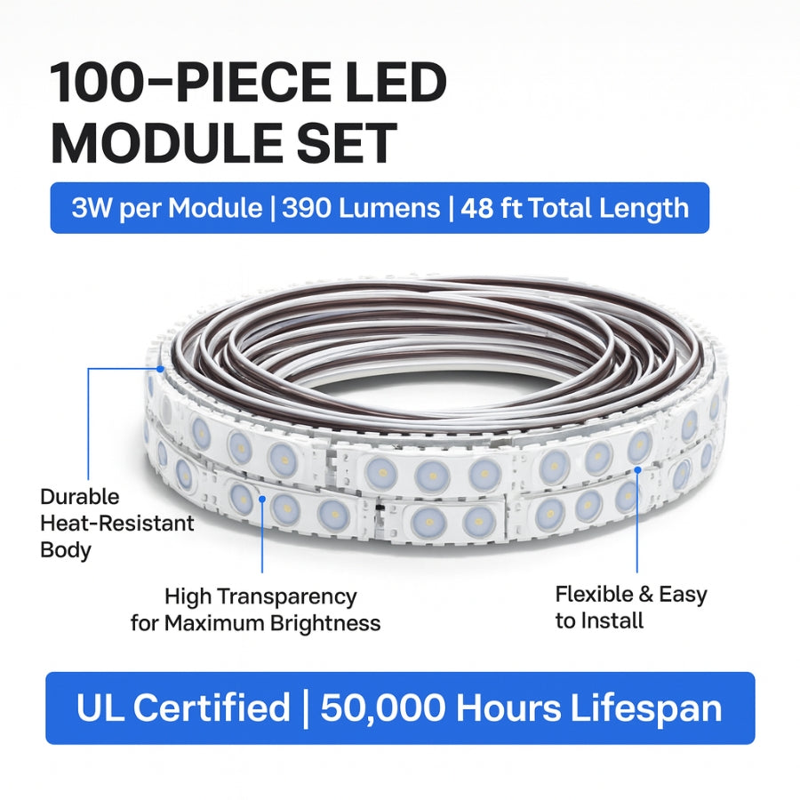 LED Module String Lights – Red/Green/White, 3W/Module, 390LM, 110V/220V, 130LM/W, CRI 90+, IP67 Waterproof, Dimmable, 48FT, UL Certified, 50,000 Hrs Lifespan
