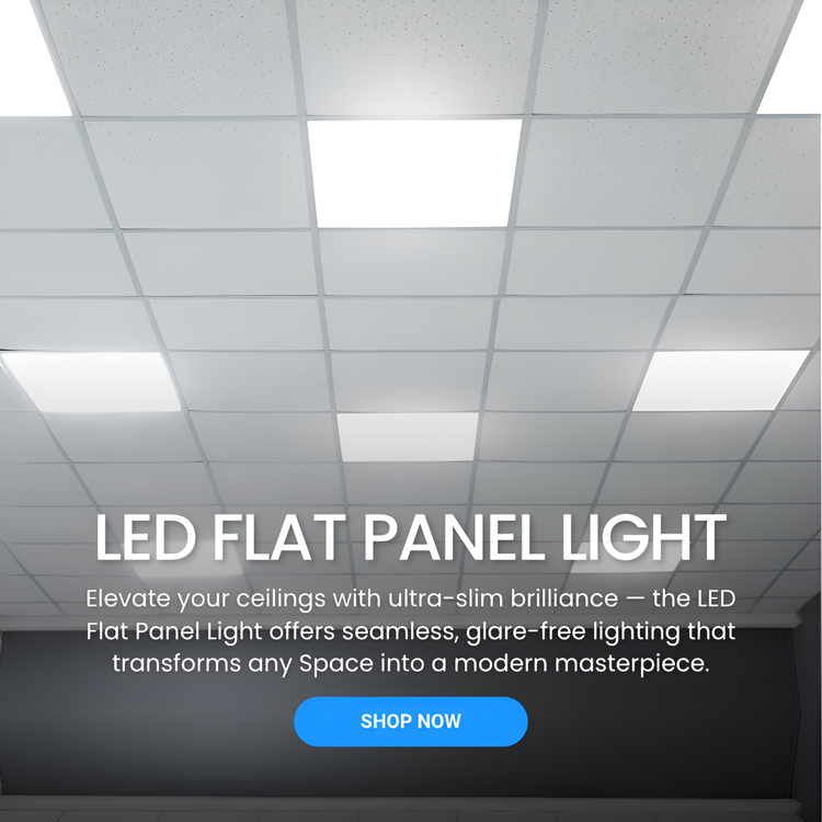 LED flat panel light fixture on a ceiling with promotional text and a 'Shop Now' button.