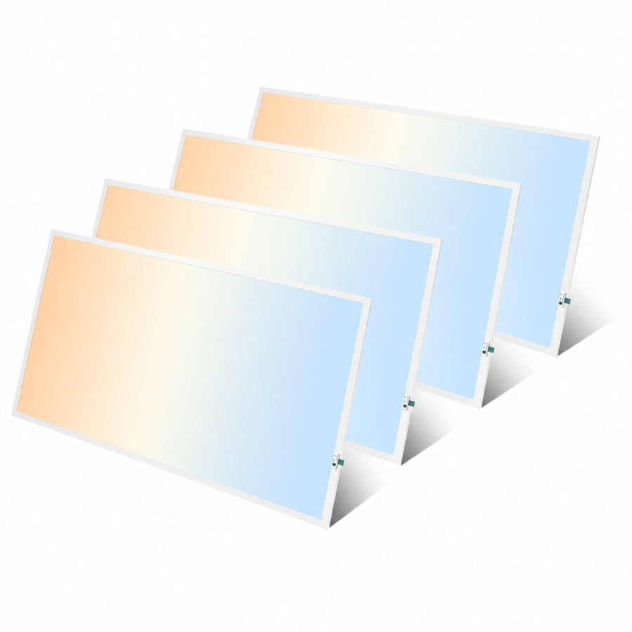 Four 2x4 LED flat panel lights arranged in an angled layout, showing slim profile design, even light diffusion, and suitability for commercial drop ceiling installations.