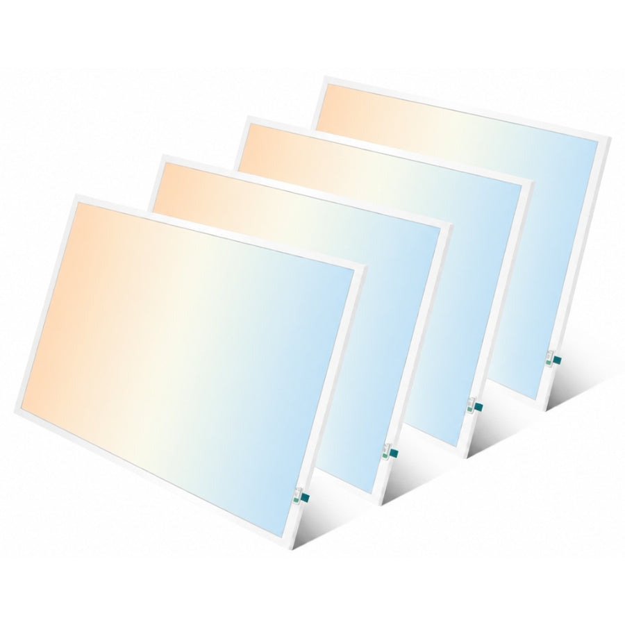 Four 2x2 LED flat panel lights arranged in a staggered angled layout, highlighting slim design, uniform illumination, and ideal use for commercial drop ceiling installations.