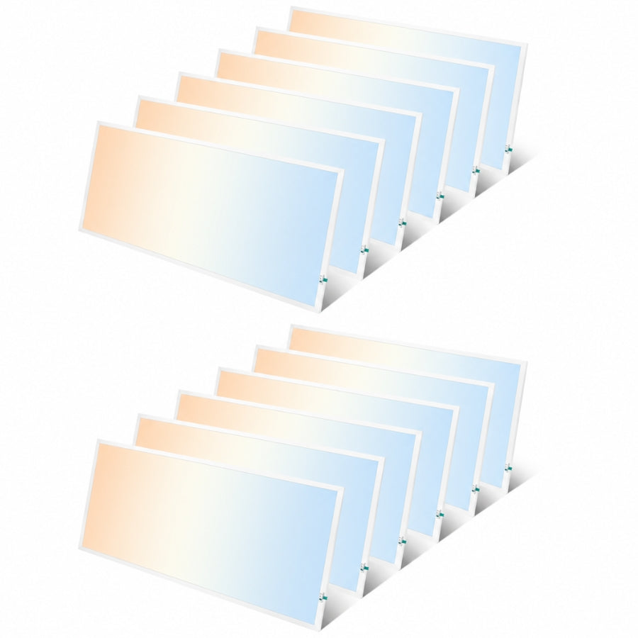 Twelve 2x4 LED panel lights grouped together, illustrating bulk packaging for commercial lighting projects requiring consistent, energy-efficient illumination.