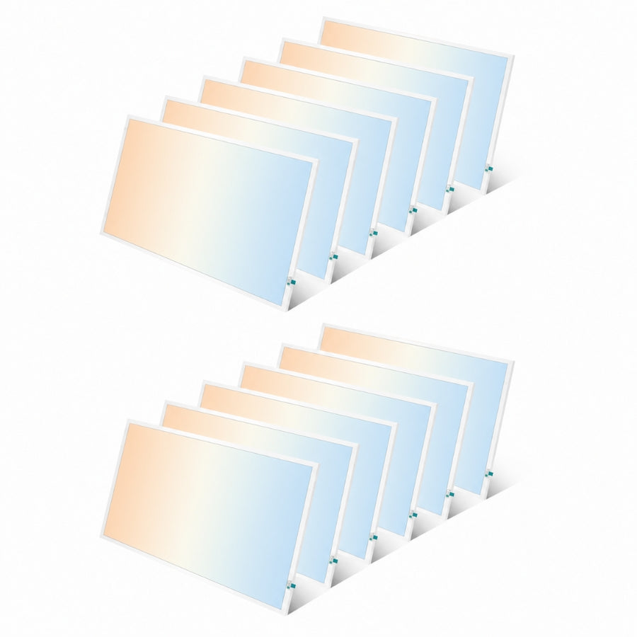 Twelve LED flat panel lights grouped together, showcasing bulk pack option for larger commercial lighting projects with consistent brightness and modern panel design.
