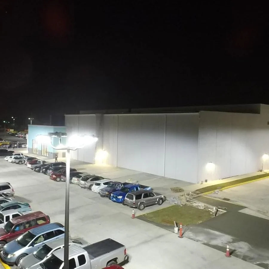 LED Parking Lot Lights on with cars 