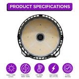 LED Sports Light specifications showing lumens output, wattage options and 5000K daylight