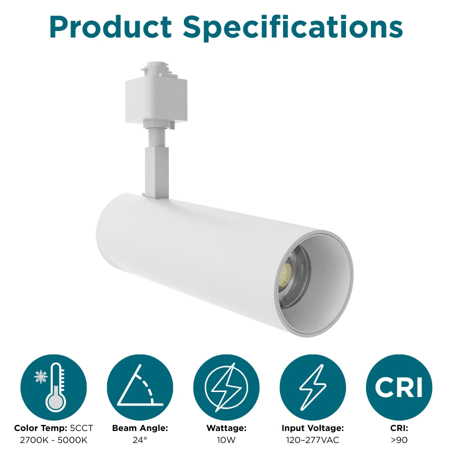 Product specifications of the 10W LED track light featuring 5CCT selectable, 24° beam angle, CRI 90+, and 120-277V input.