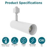 Product specifications of the 10W LED track light featuring 5CCT selectable, 24° beam angle, CRI 90+, and 120-277V input.