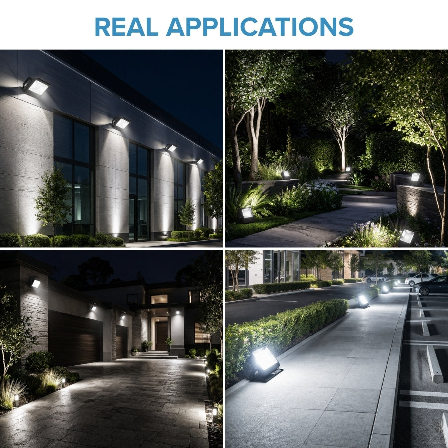 LED flood light outdoor applications building landscape driveway parking lot security lighting
