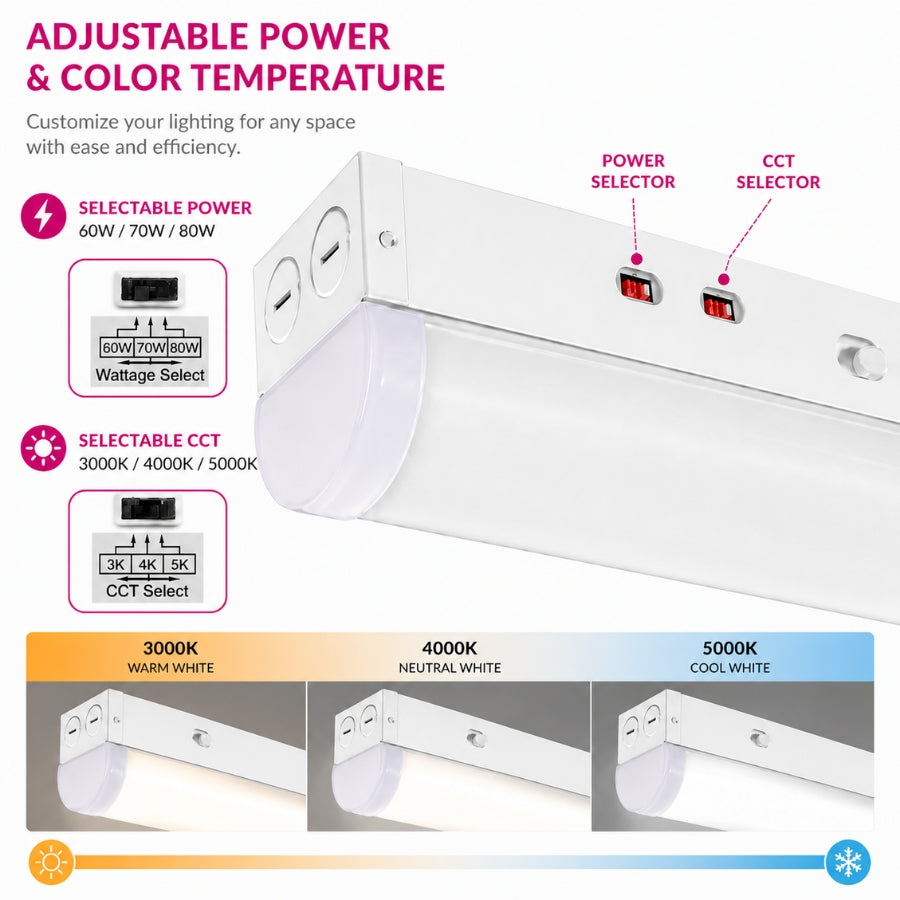 LED light fixture with adjustable power and color temperature options on a white background.