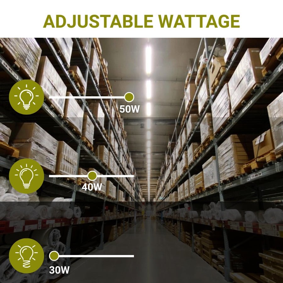Warehouse with shelves and adjustable wattage labels showing 50W, 40W, and 30W. LED linear light fixture