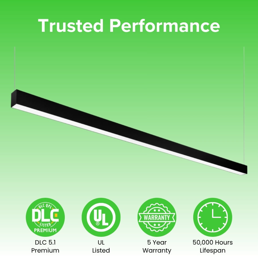 LED linear light fixture with certification logos on a green background