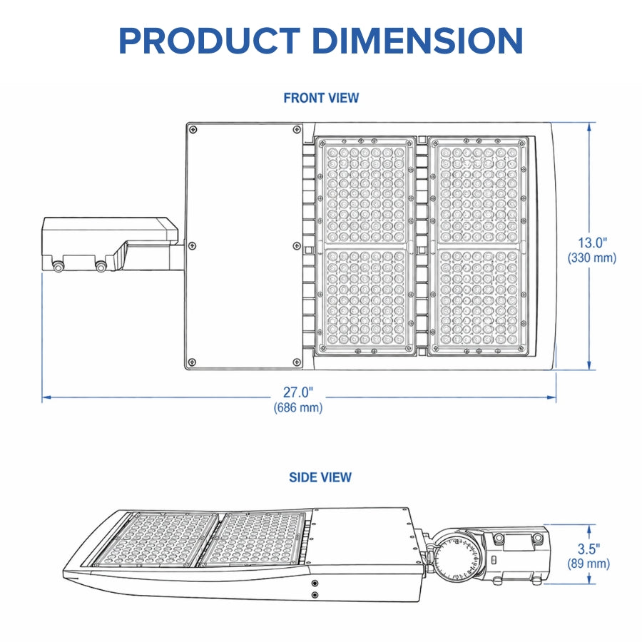LED parking lot light dimensions 27 inch length with compact low-profile design at swichtoled.com
