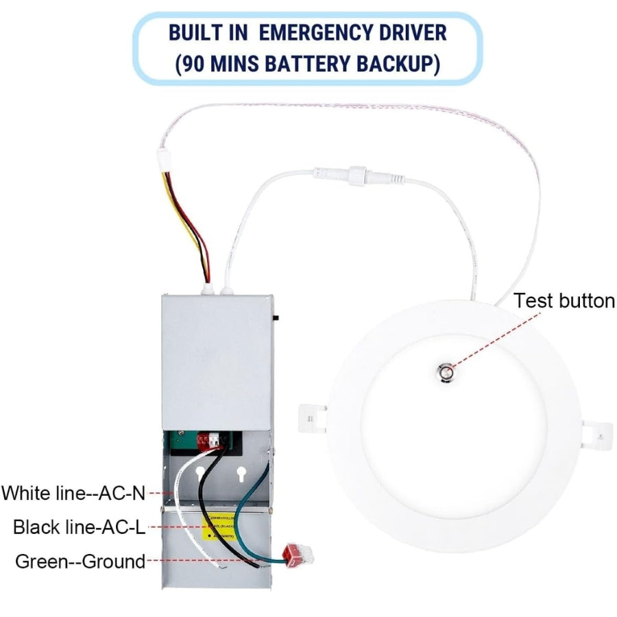 LED recessed downlight junction box wiring with emergency driver and AC line connections