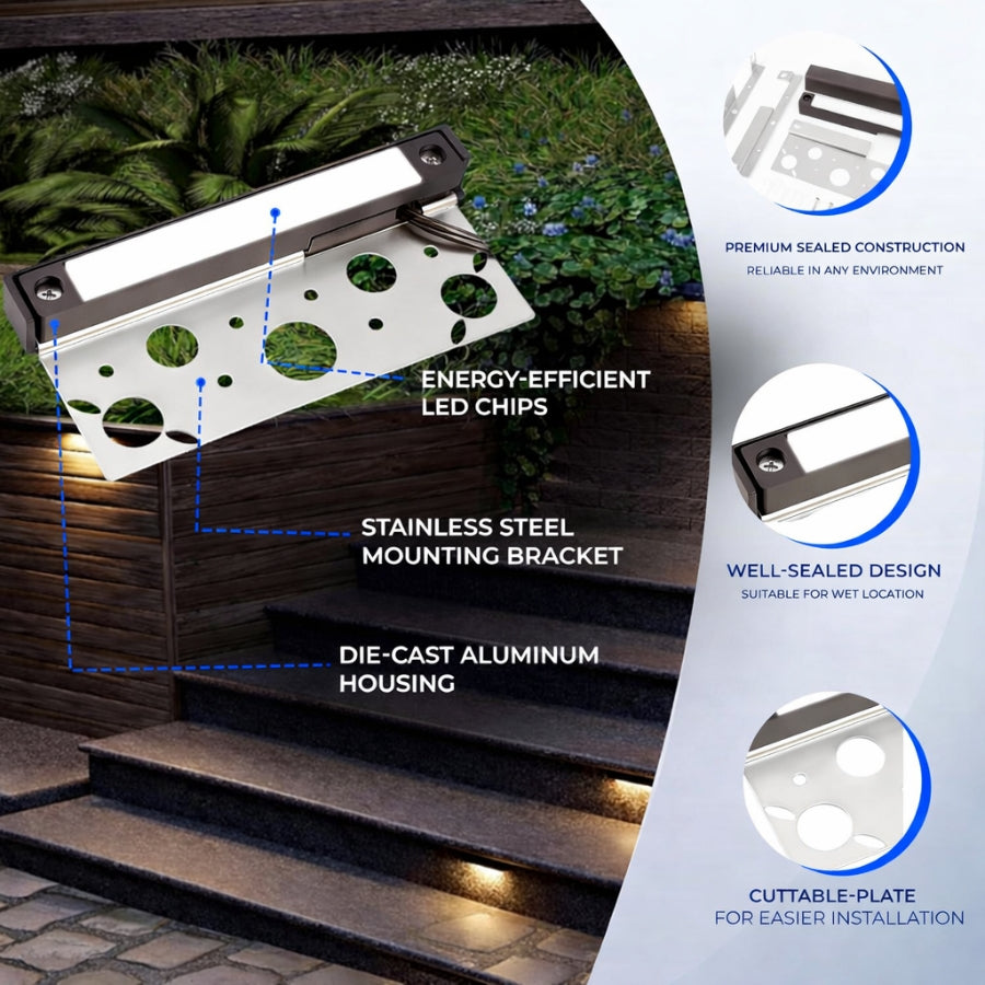 LED step light on a staircase with features highlighted on the right side.