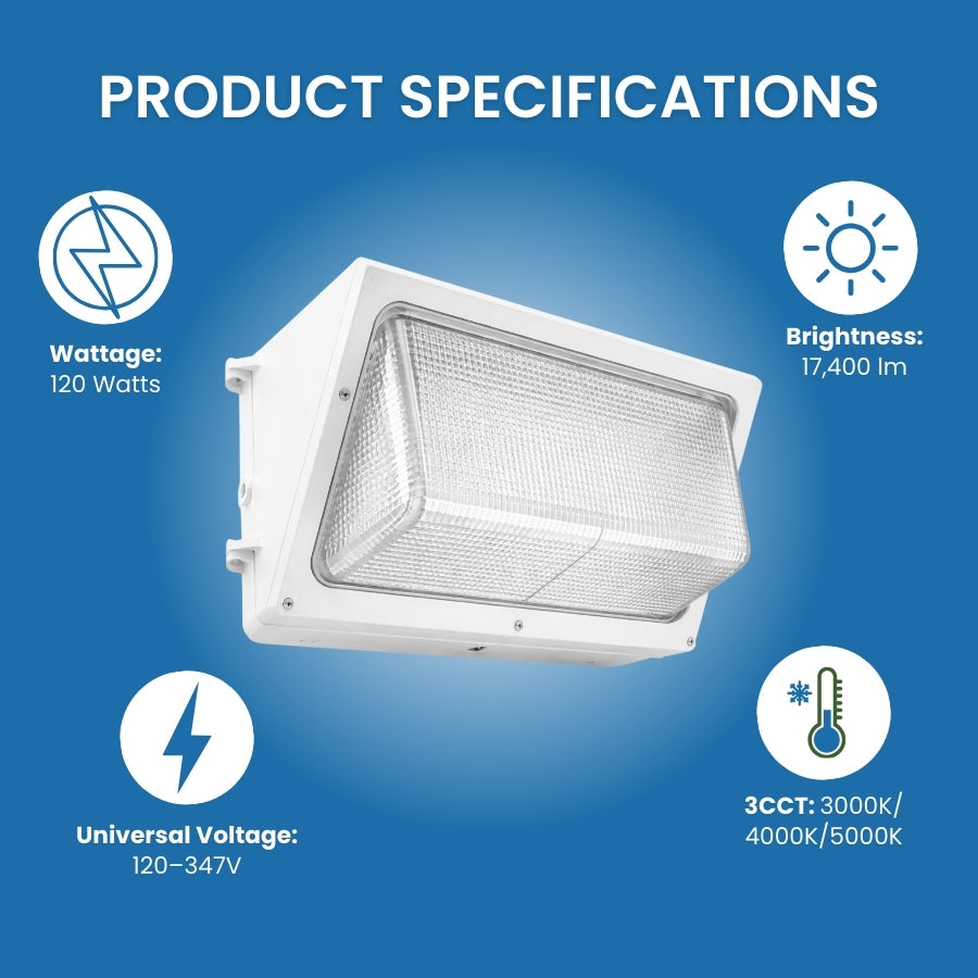 LED wall pack light fixture with specifications on a blue background