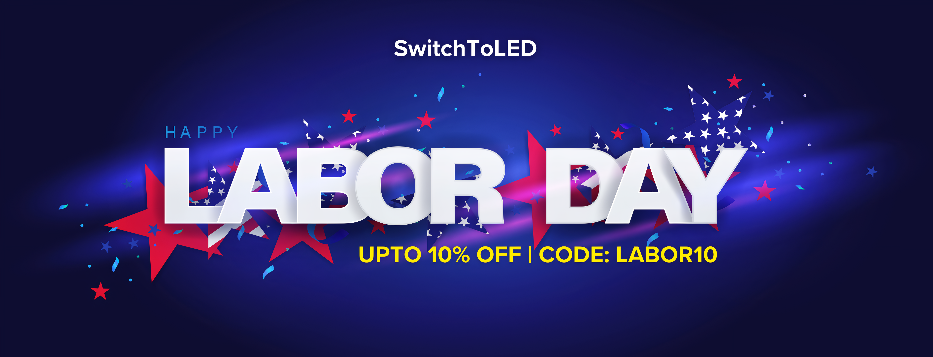 Labor Day promotional banner with SwitchToLED branding and Labor Day sale details on a dark blue background.